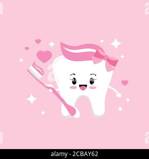 Jolie petite fille de dents amoureuse avec pâte rose à brosse à dents avec coeurs arbals et sparkles. Illustration de Vecteur