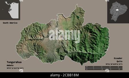 Forme du Tungurahua, province de l'Équateur, et sa capitale. Echelle de distance, aperçus et étiquettes. Imagerie satellite. Rendu 3D Banque D'Images