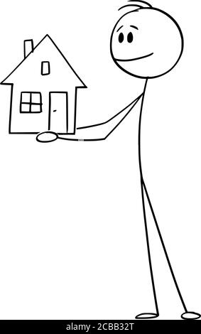 Dessin vectoriel de bâton de dessin dessin dessin illustration conceptuelle d'homme souriant ou d'homme d'affaires tenant une petite maison familiale. Illustration de Vecteur