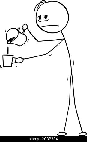 Dessin vectoriel en bâton de dessin dessin illustration conceptuelle d'homme ou d'homme d'affaires sans sommeil ou fatigué avec gueule de bois versant du café dans la tasse. Illustration de Vecteur