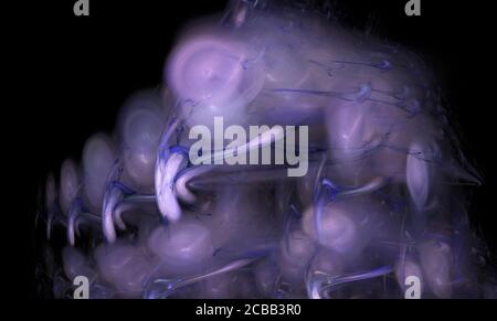 Fractales, taches et formes abstraites de couleur violet-bleu sur fond noir Banque D'Images