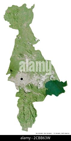 Forme de San Salvador, département d'El Salvador, avec sa capitale isolée sur fond blanc. Imagerie satellite. Rendu 3D Banque D'Images