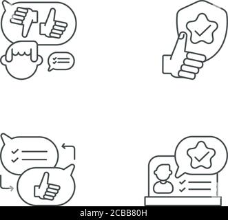 Jeu d'icônes linéaires de communication sociale. Prise de décision, fiabilité, critique et rétroaction symboles de contour mince personnalisables. Vecteur isolé ou Illustration de Vecteur