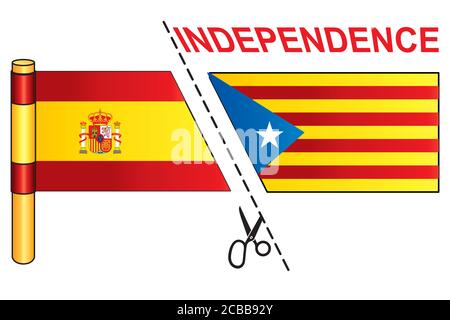 Indépendance la Catalogne, l'ESTELADA, le drapeau catalan pro-indépendance et le drapeau de l'Espagne, coupés en ciseaux. Référendum de Catalogne Illustration de Vecteur