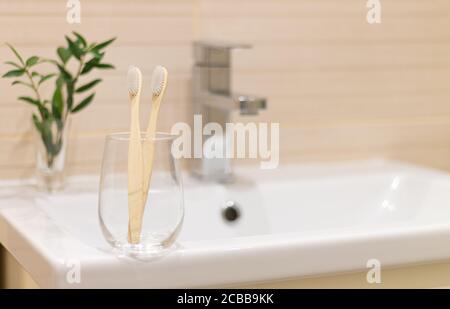 Brosses à dents écologiques en bambou dans une salle de bains en verre. Copier l'espace Banque D'Images