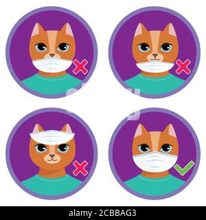 Le joli chat de dessin animé montre comment porter le masque de visage correctement. Mauvais et bonnes façons d'utiliser le masque de protection médical. Illustration amusante pour les enfants Illustration de Vecteur