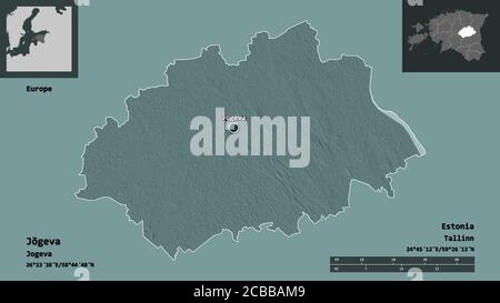 Forme de Jõgeva, comté d'Estonie, et sa capitale. Echelle de distance, aperçus et étiquettes. Carte d'altitude en couleur. Rendu 3D Banque D'Images