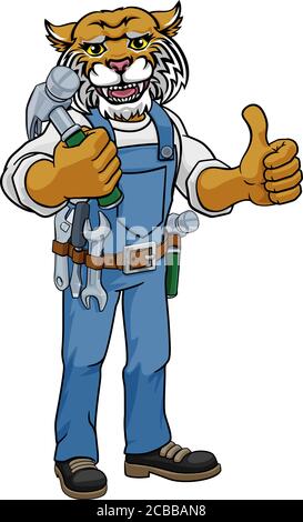 Wildcat Mascot Carpenter Handyman Holding Hammer Illustration de Vecteur