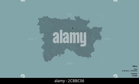 Région de Võru, comté d'Estonie, isolée sur un fond solide dans une boîte englobante géoréférencée. Étiquettes. Carte d'altitude en couleur. Rendu 3D Banque D'Images