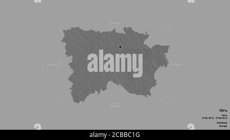 Région de Võru, comté d'Estonie, isolée sur un fond solide dans une boîte englobante géoréférencée. Étiquettes. Carte d'élévation à deux niveaux. Rendu 3D Banque D'Images