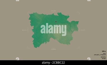 Région de Võru, comté d'Estonie, isolée sur un fond solide dans une boîte englobante géoréférencée. Étiquettes. Carte topographique de relief. Rendu 3D Banque D'Images