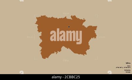 Région de Võru, comté d'Estonie, isolée sur un fond solide dans une boîte englobante géoréférencée. Étiquettes. Composition des textures répétées. Rendu 3D Banque D'Images