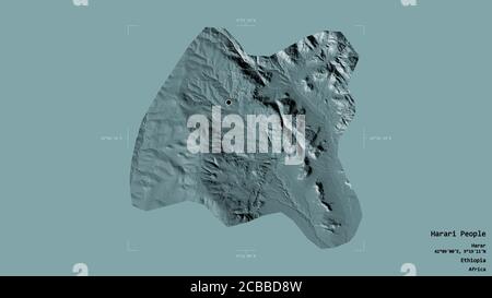 Région du peuple Harari, État d'Éthiopie, isolée sur un fond solide dans une boîte englobante géoréférencée. Étiquettes. Carte d'altitude en couleur. Rendu 3D Banque D'Images