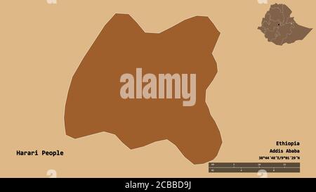 Forme du peuple Harari, État de l'Éthiopie, avec sa capitale isolée sur fond solide. Échelle de distance, aperçu de la région et libellés. Composition du pa Banque D'Images