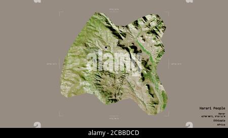 Région du peuple Harari, État d'Éthiopie, isolée sur un fond solide dans une boîte englobante géoréférencée. Étiquettes. Imagerie satellite. Rendu 3D Banque D'Images