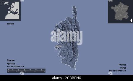 Forme de Corse, région de France, et sa capitale. Echelle de distance, aperçus et étiquettes. Carte d'altitude en couleur. Rendu 3D Banque D'Images