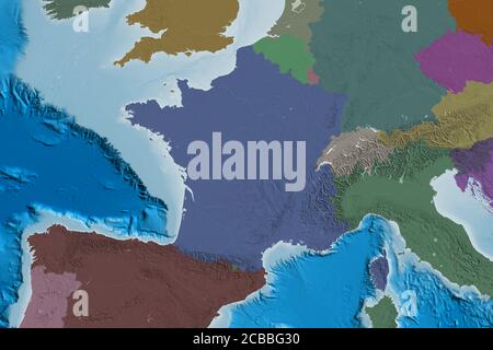 Zone étendue de la France. Carte d'altitude en couleur. Rendu 3D Banque D'Images