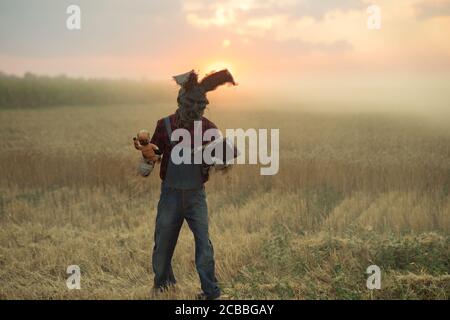 L'homme à l'image du sorcier en chapeau avec des oreilles de lapin exécute un rituel voodoo et tient la poupée emparée de fil contre le ciel de coucher de soleil dans le champ. Banque D'Images