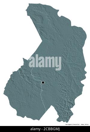 Forme du Haut-Ogooué, province du Gabon, avec sa capitale isolée sur fond blanc. Carte d'altitude en couleur. Rendu 3D Banque D'Images