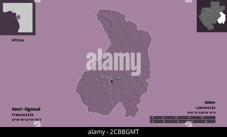 Forme du Haut-Ogooué, province du Gabon, et sa capitale. Echelle de distance, aperçus et étiquettes. Carte d'altitude en couleur. Rendu 3D Banque D'Images