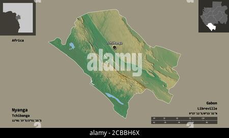 Forme de Nyanga, province du Gabon, et sa capitale. Echelle de distance, aperçus et étiquettes. Carte topographique de relief. Rendu 3D Banque D'Images