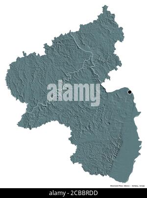 Forme de Rheinland-Pfalz, État d'Allemagne, avec sa capitale isolée sur fond blanc. Carte d'altitude en couleur. Rendu 3D Banque D'Images