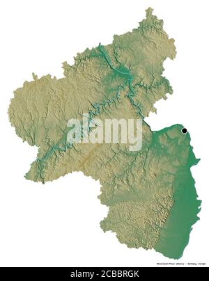 Forme de Rheinland-Pfalz, État d'Allemagne, avec sa capitale isolée sur fond blanc. Carte topographique de relief. Rendu 3D Banque D'Images