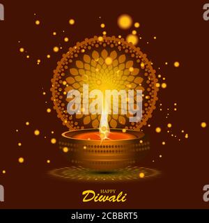 Bonne fête de Diwali. Diwali vacances fond avec rangoli, carte de voeux de célébration de Diwali. Illustration vectorielle d'une lampe à huile lumineuse réaliste Illustration de Vecteur
