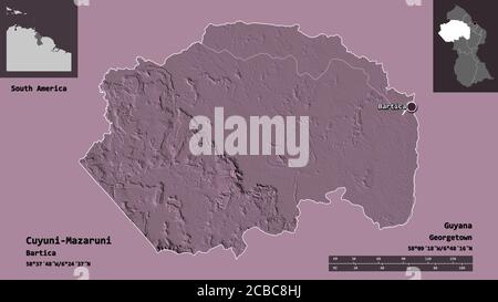 Forme de Cuyuni-Mazaruni, région du Guyana et sa capitale. Echelle de distance, aperçus et étiquettes. Carte d'altitude en couleur. Rendu 3D Banque D'Images