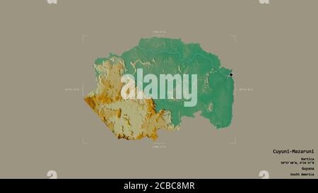 Région de Cuyuni-Mazaruni, région du Guyana, isolée sur fond solide dans une boîte englobante géoréférencée. Étiquettes. Carte topographique de relief. Rendu 3D Banque D'Images