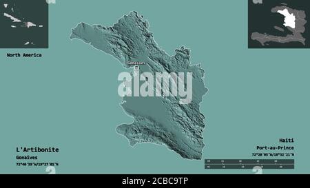 Forme de l'Artibonite, département d'Haïti, et sa capitale. Echelle de distance, aperçus et étiquettes. Carte d'altitude en couleur. Rendu 3D Banque D'Images