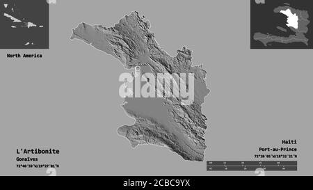 Forme de l'Artibonite, département d'Haïti, et sa capitale. Echelle de distance, aperçus et étiquettes. Carte d'élévation à deux niveaux. Rendu 3D Banque D'Images