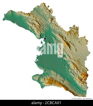 Forme de l'Artibonite, département d'Haïti, avec sa capitale isolée sur fond blanc. Carte topographique de relief. Rendu 3D Banque D'Images