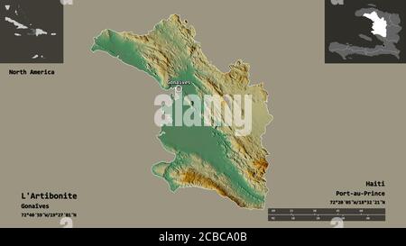 Forme de l'Artibonite, département d'Haïti, et sa capitale. Echelle de distance, aperçus et étiquettes. Carte topographique de relief. Rendu 3D Banque D'Images