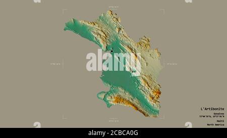 Zone de l'Artibonite, département d'Haïti, isolée sur un fond solide dans une boîte englobante géoréférencée. Étiquettes. Carte topographique de relief. Rendu 3D Banque D'Images