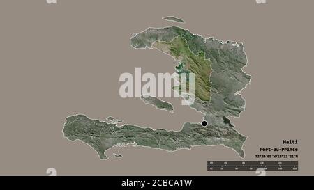 Forme désaturée d'Haïti avec sa capitale, sa principale division régionale et la région séparée de l'Artibonite. Étiquettes. Imagerie satellite. Rendu 3D Banque D'Images