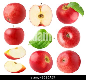 Pommes rouges isolées. Collection de pommes rouges entières et coupées isolées sur fond blanc Banque D'Images