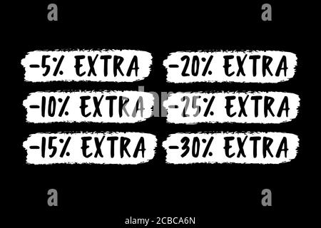 Mot SUPPLÉMENTAIRE esquissé à la main. Jeu d'étiquettes de vente esquissées à la main 5, 10, 15, 20, 25, 30, pourcentage d'étiquette Illustration de Vecteur