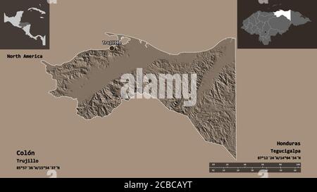 Forme de Colón, département du Honduras, et sa capitale. Echelle de distance, aperçus et étiquettes. Carte d'altitude en couleur. Rendu 3D Banque D'Images