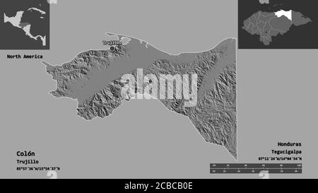 Forme de Colón, département du Honduras, et sa capitale. Echelle de distance, aperçus et étiquettes. Carte d'élévation à deux niveaux. Rendu 3D Banque D'Images