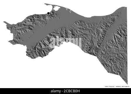 Forme de Colón, département du Honduras, avec sa capitale isolée sur fond blanc. Carte d'élévation à deux niveaux. Rendu 3D Banque D'Images