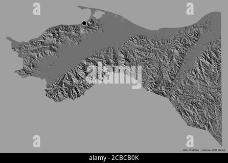 Forme de Colón, département du Honduras, avec sa capitale isolée sur un fond de couleur unie. Carte d'élévation à deux niveaux. Rendu 3D Banque D'Images