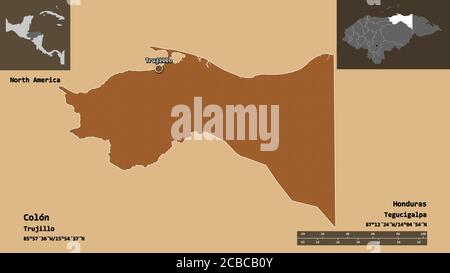 Forme de Colón, département du Honduras, et sa capitale. Echelle de distance, aperçus et étiquettes. Composition des textures répétées. Rendu 3D Banque D'Images