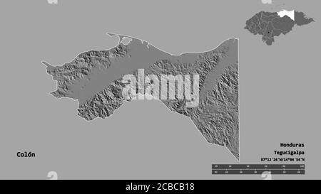 Forme de Colón, département du Honduras, avec sa capitale isolée sur fond solide. Échelle de distance, aperçu de la région et libellés. Élévation biniveau ma Banque D'Images