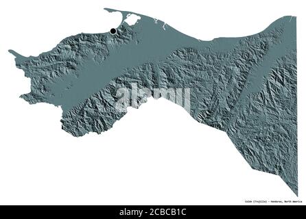 Forme de Colón, département du Honduras, avec sa capitale isolée sur fond blanc. Carte d'altitude en couleur. Rendu 3D Banque D'Images