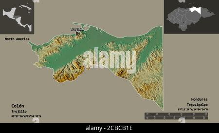 Forme de Colón, département du Honduras, et sa capitale. Echelle de distance, aperçus et étiquettes. Carte topographique de relief. Rendu 3D Banque D'Images