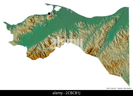 Forme de Colón, département du Honduras, avec sa capitale isolée sur fond blanc. Carte topographique de relief. Rendu 3D Banque D'Images