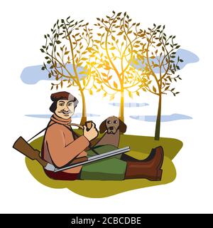 Huntsman and Dog, soleil d'automne et arbres. Illustration d'un chasseur de smiling assis avec chien, pipe et fusil de chasse. Vecteur disponible. Illustration de Vecteur