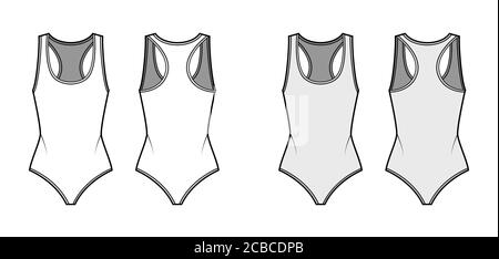 Body en jersey de coton, illustration technique de la mode, dos nageur, encolure en U profonde. Modèle de vêtement extérieur plat une pièce avant, arrière, blanc, gris. Femmes, hommes, unisex maillot de bain CAD maquette Illustration de Vecteur