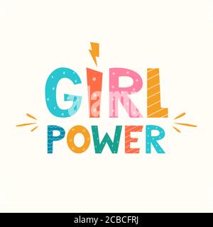 Puissance de fille. Texte « Femism » avec lettres dessinées à la main et symbole éclair. Jolie phrase de motivation dessinée à la main pour les t-shirts, les affiches. Ven Illustration de Vecteur